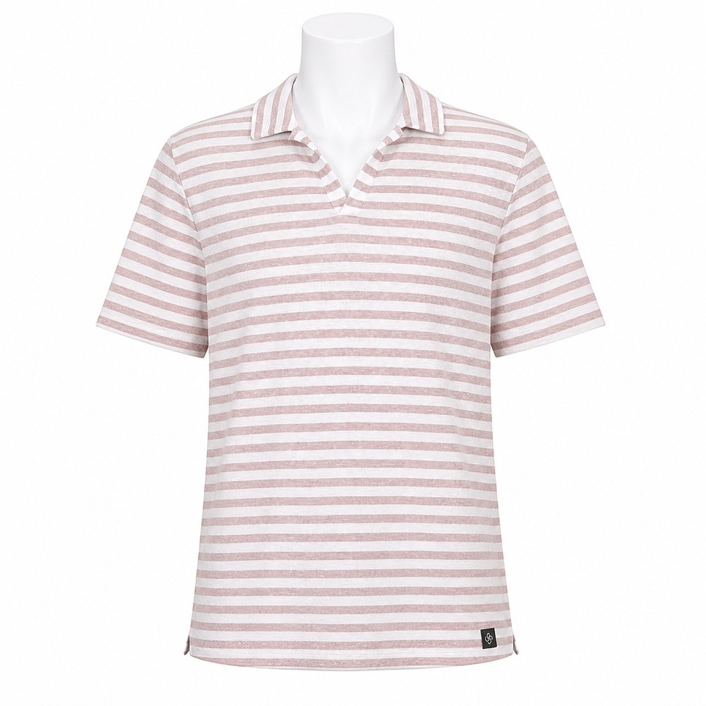 Gran Sasso Polo Shirt XXL Pink White Striped Cotton Linen Blend V-Neck Preppy